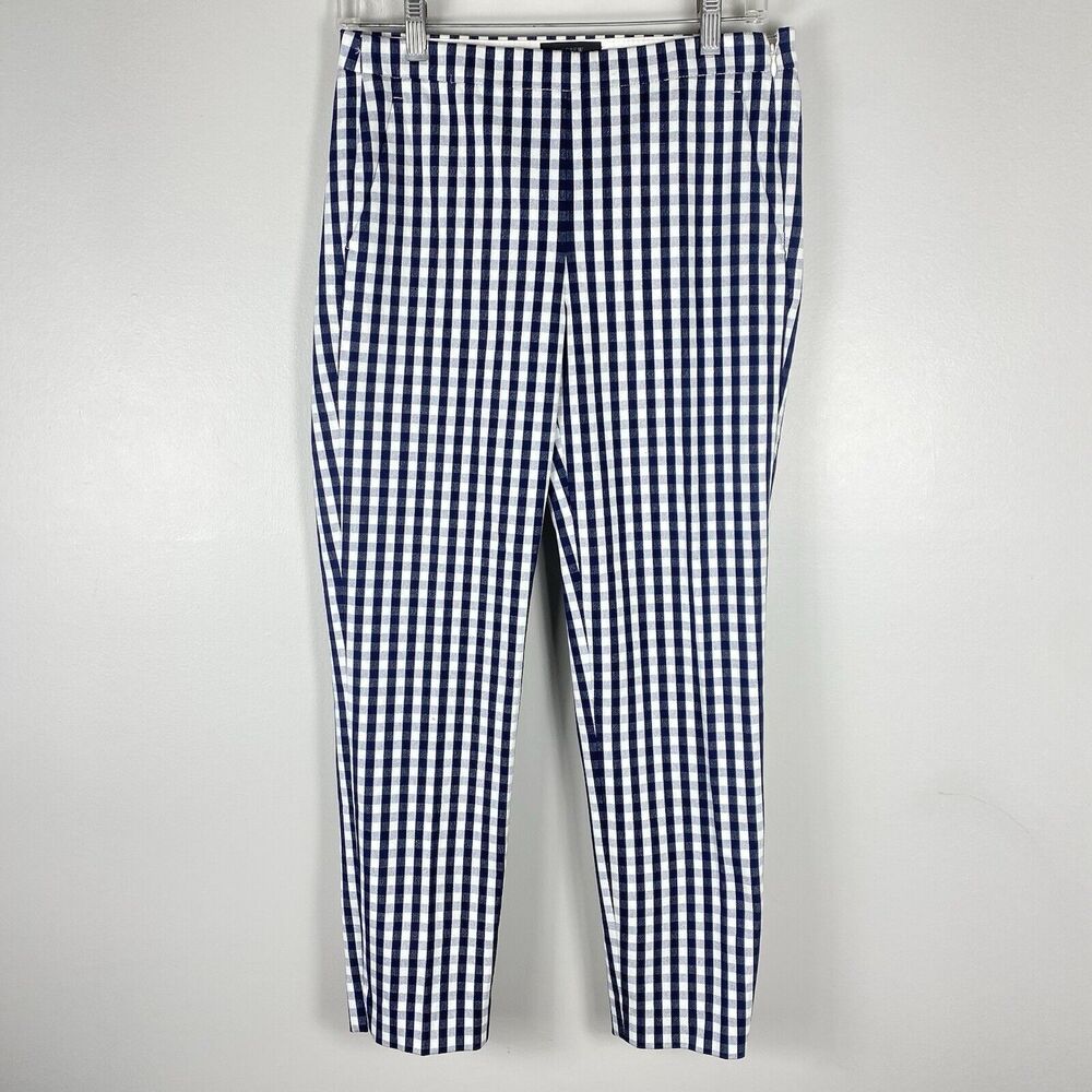 J Crew Women's Gingham Pants Sz 2 Plaid Ankle Navy Preppy Picnic Vacation